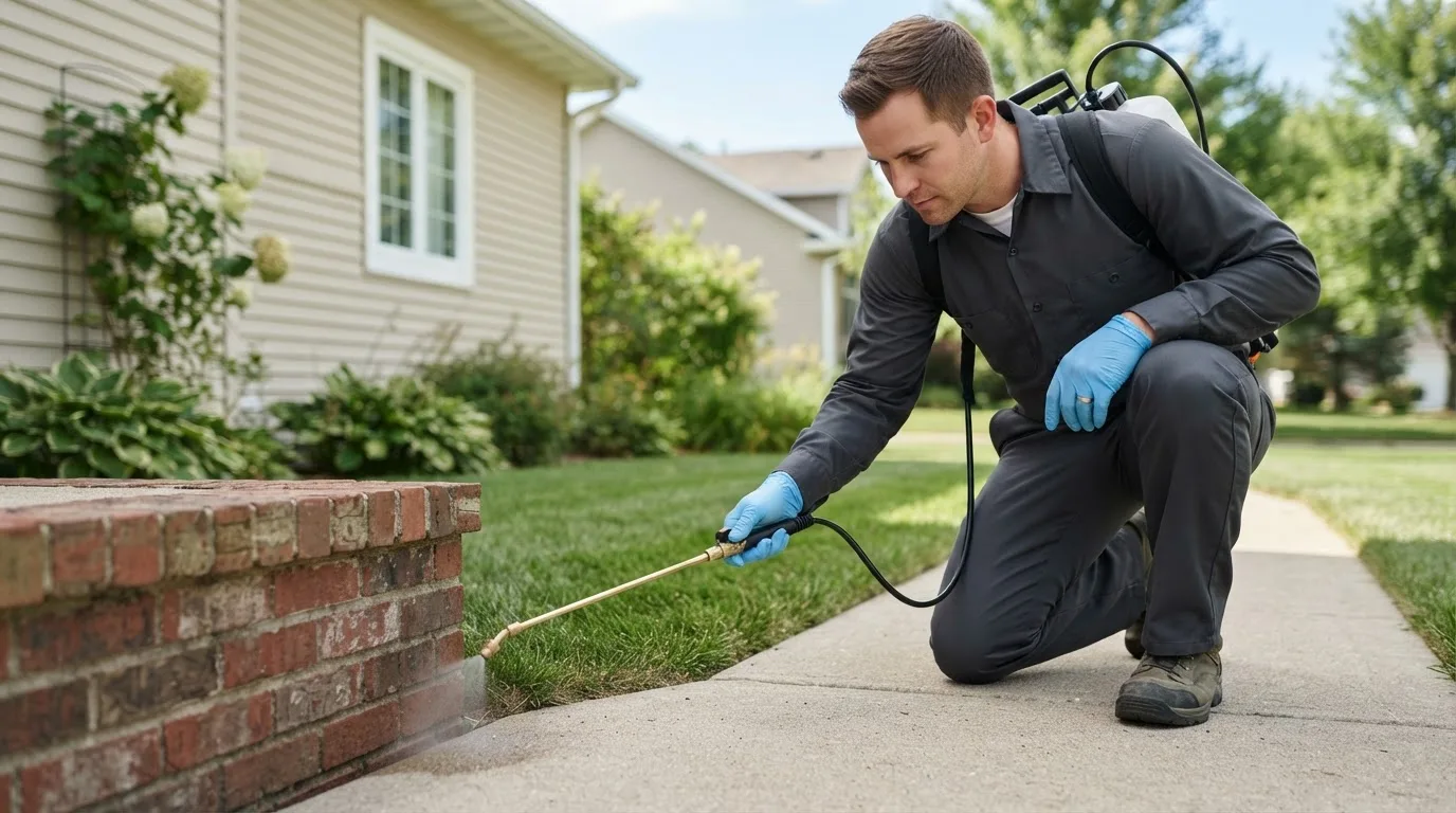 Pest control technician treating a home near Pampa, TX